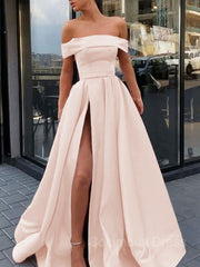 Evening Dresses Cheap, A-Line/Princess Off-the-Shoulder Sweep Train Satin Prom Dresses With Leg Slit