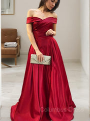 Mismatched Bridesmaid Dress, A-Line/Princess Off-the-Shoulder Sweep Train Satin Prom Dresses With Ruffles