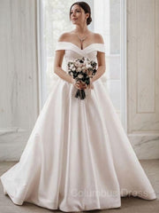 Wedding Dress With Sleev, A-Line/Princess Off-the-Shoulder Sweep Train Satin Wedding Dresses