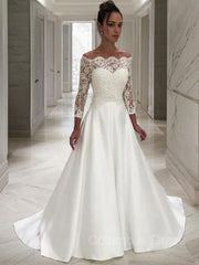 Wedding Dress Elegant Classy, A-Line/Princess Off-the-Shoulder Sweep Train Satin Wedding Dresses With Belt/Sash