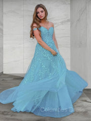 Prom, A-Line/Princess Off-the-Shoulder Sweep Train Tulle Prom Dresses With Appliques Lace