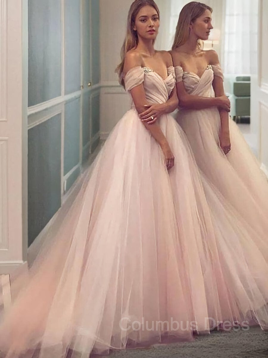 Bridesmaid Dress On Sale, A-Line/Princess Off-the-Shoulder Sweep Train Tulle Prom Dresses With Ruffles
