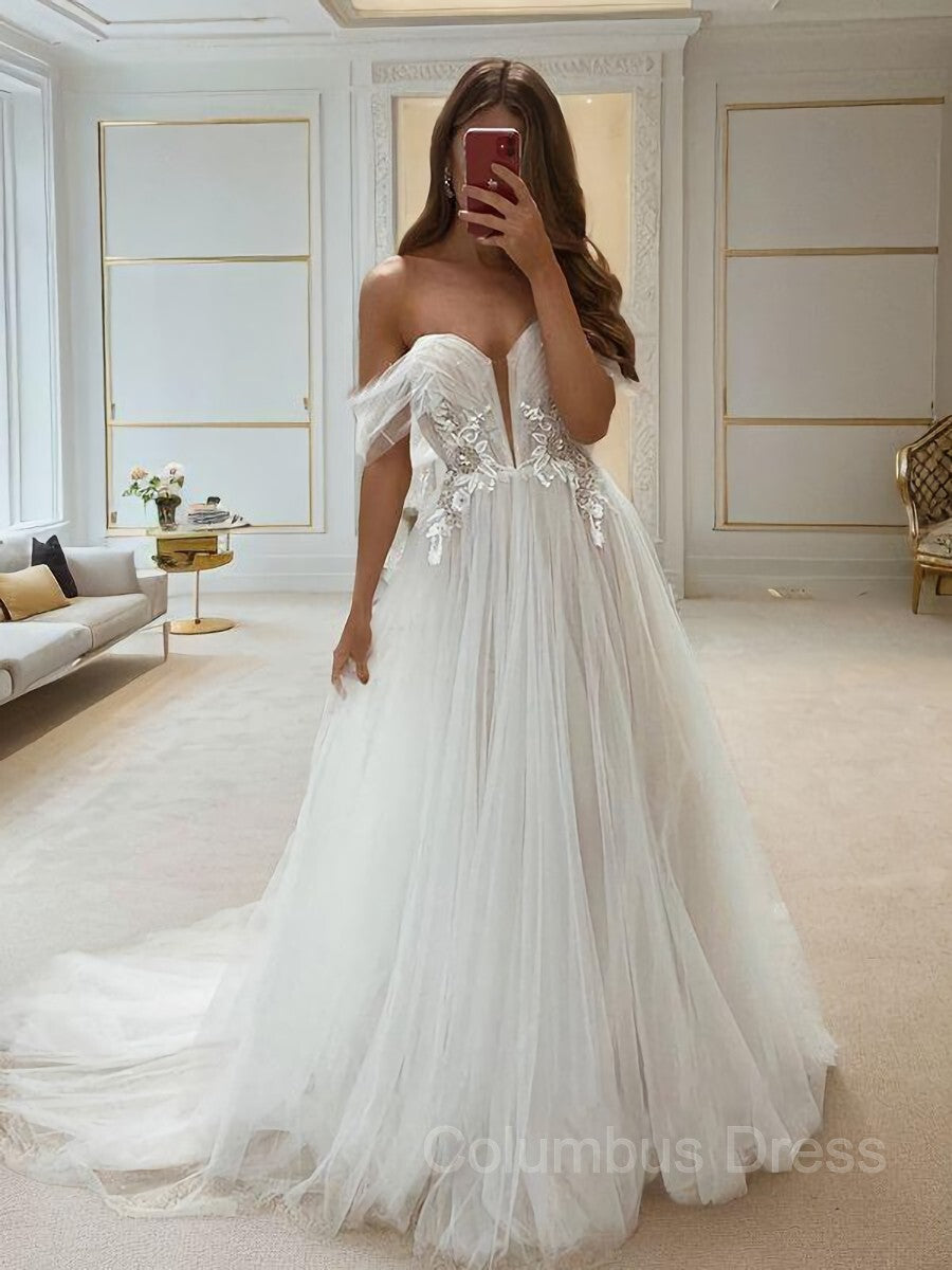 Wedding Dress With Straps, A-Line/Princess Off-the-Shoulder Sweep Train Tulle Wedding Dresses
