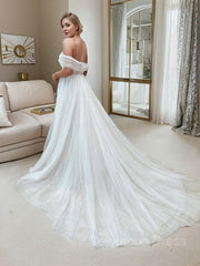 Wedding Dresses For, A-Line/Princess Off-the-Shoulder Sweep Train Tulle Wedding Dresses