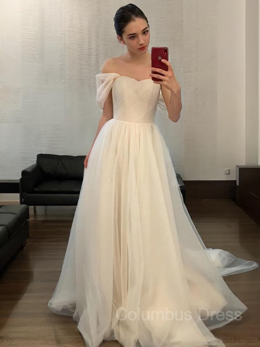 Wedding Dress Shape, A-Line/Princess Off-the-Shoulder Sweep Train Tulle Wedding Dresses