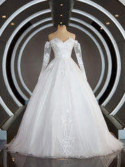 Wedding Dresses Under 108, A-Line/Princess Off-the-Shoulder Sweep Train Tulle Wedding Dresses with Appliques Lace