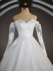Wedding Dress Customization, A-Line/Princess Off-the-Shoulder Sweep Train Tulle Wedding Dresses with Appliques Lace