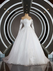 Wedding Dresses Modern, A-Line/Princess Off-the-Shoulder Sweep Train Tulle Wedding Dresses with Appliques Lace