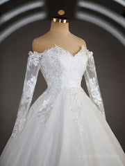 Wedding Dress Websites, A-Line/Princess Off-the-Shoulder Sweep Train Tulle Wedding Dresses with Appliques Lace