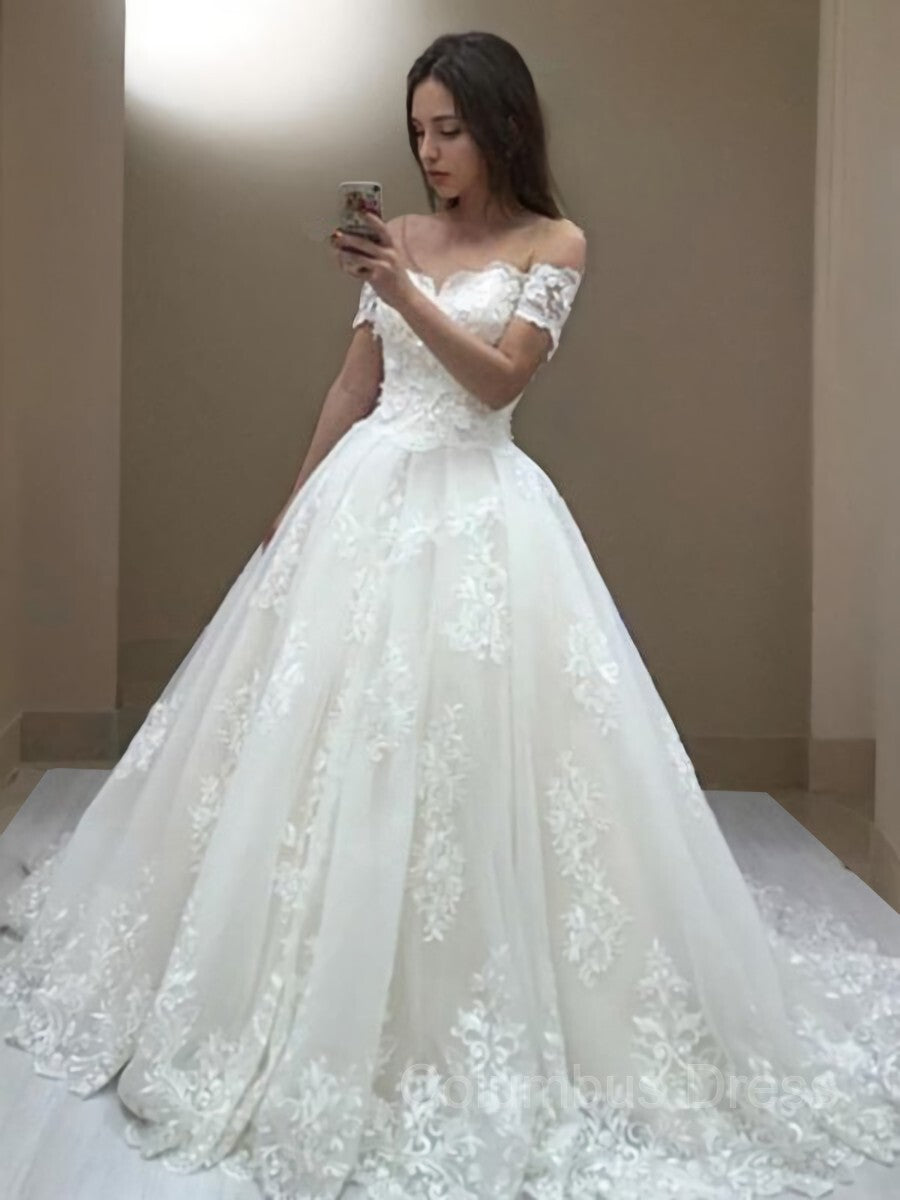 Wedding Dress A Line Lace, A-Line/Princess Off-the-Shoulder Sweep Train Tulle Wedding Dresses With Appliques Lace
