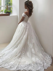 Wedding Dresses And Veils, A-Line/Princess Off-the-Shoulder Sweep Train Tulle Wedding Dresses With Appliques Lace