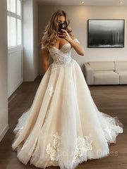 Wedding Dresses With Straps, A-Line/Princess Off-the-Shoulder Sweep Train Tulle Wedding Dresses With Appliques Lace