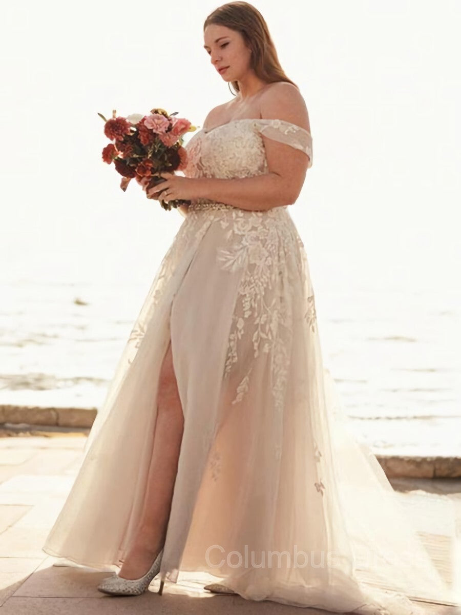 Wedding Dresses With Long Sleves, A-Line/Princess Off-the-Shoulder Sweep Train Tulle Wedding Dresses With Leg Slit