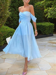 Prom Dresses Long Formal Evening Gown, A-Line/Princess Off-the-Shoulder Tea-Length Chiffon Homecoming Dresses With Ruffles