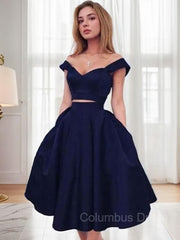 Prom Dress Black, A-Line/Princess Off-the-Shoulder Tea-Length Satin Homecoming Dresses
