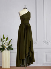 Prom Dress Designers, A-Line/Princess One-Shoulder Asymmetrical Chiffon Bridesmaid Dresses with Pleated