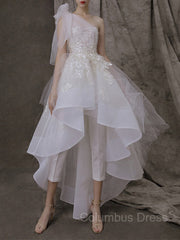 Wedding Dresses Simple Lace, A-Line/Princess One-Shoulder Asymmetrical Tulle Wedding Dresses With Appliques Lace