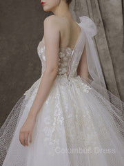 Wedding Dress For Brides, A-Line/Princess One-Shoulder Asymmetrical Tulle Wedding Dresses With Appliques Lace