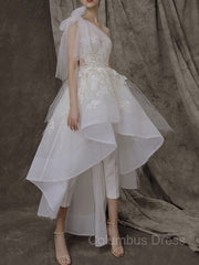 Wedding Dress For Bride, A-Line/Princess One-Shoulder Asymmetrical Tulle Wedding Dresses With Appliques Lace