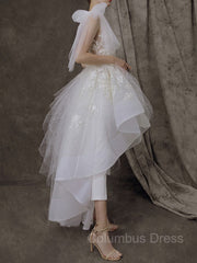 Wedding Dresses For Bride, A-Line/Princess One-Shoulder Asymmetrical Tulle Wedding Dresses With Appliques Lace