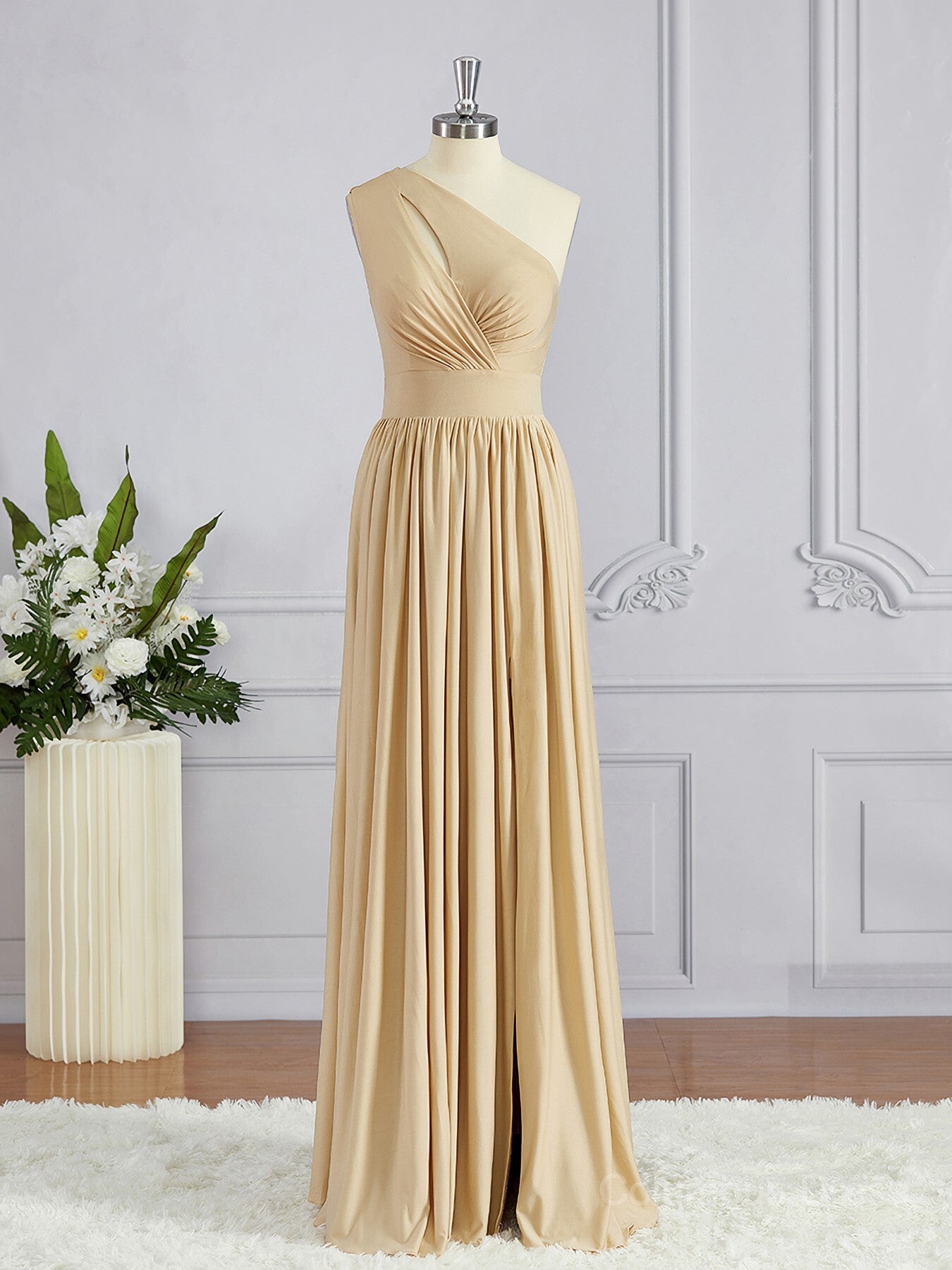 Prom Dresses Colors, A-Line/Princess One-Shoulder Floor-Length Jersey Bridesmaid Dresses with Leg Slit