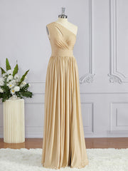 Prom Dress 2046, A-Line/Princess One-Shoulder Floor-Length Jersey Bridesmaid Dresses with Leg Slit