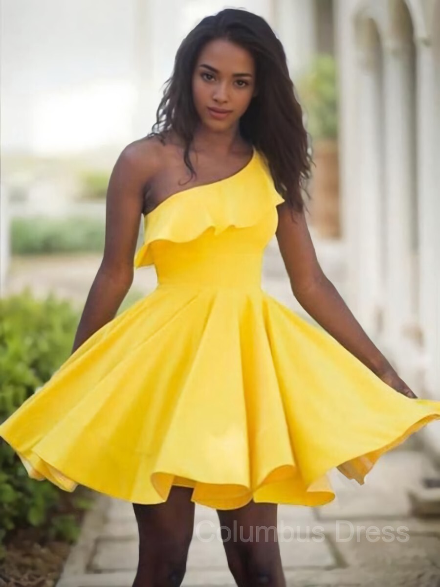Prom Dresses Pattern, A-Line/Princess One-Shoulder Short/Mini Satin Homecoming Dresses With Ruffles