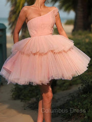Bridesmaid Dresses 2047, A-Line/Princess One-Shoulder Short/Mini Tulle Homecoming Dresses With Cascading Ruffles