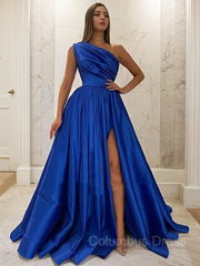 Homecomming Dresses Red, A-Line/Princess One-Shoulder Sweep Train Satin Prom Dresses With Leg Slit