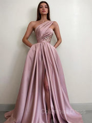 Party Dress For Teen, A-Line/Princess One-Shoulder Sweep Train Satin Prom Dresses With Pockets