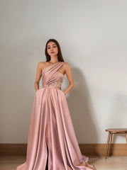 Party Dress For Teens, A-Line/Princess One-Shoulder Sweep Train Satin Prom Dresses With Pockets