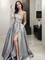 Prom Dress Guide, A-Line/Princess One-Shoulder Sweep Train Satin Prom Dresses With Pockets