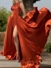 Evening Dresses Suits, A-Line/Princess One-Shoulder Sweep Train Silk like Satin Prom Dresses With Leg Slit