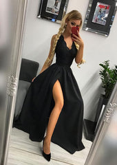 Party Dress Night Out, A-line/Princess Scalloped Neck Sleeveless Long/Floor-Length Elastic Satin Prom Dress With Lace Split