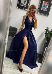 Party Dresses Night Out, A-line/Princess Scalloped Neck Sleeveless Long/Floor-Length Elastic Satin Prom Dress With Lace Split