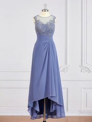 Prom Dresses 2046 Blue, A-Line/Princess Scoop Asymmetrical Chiffon Mother of the Bride Dresses With Appliques Lace