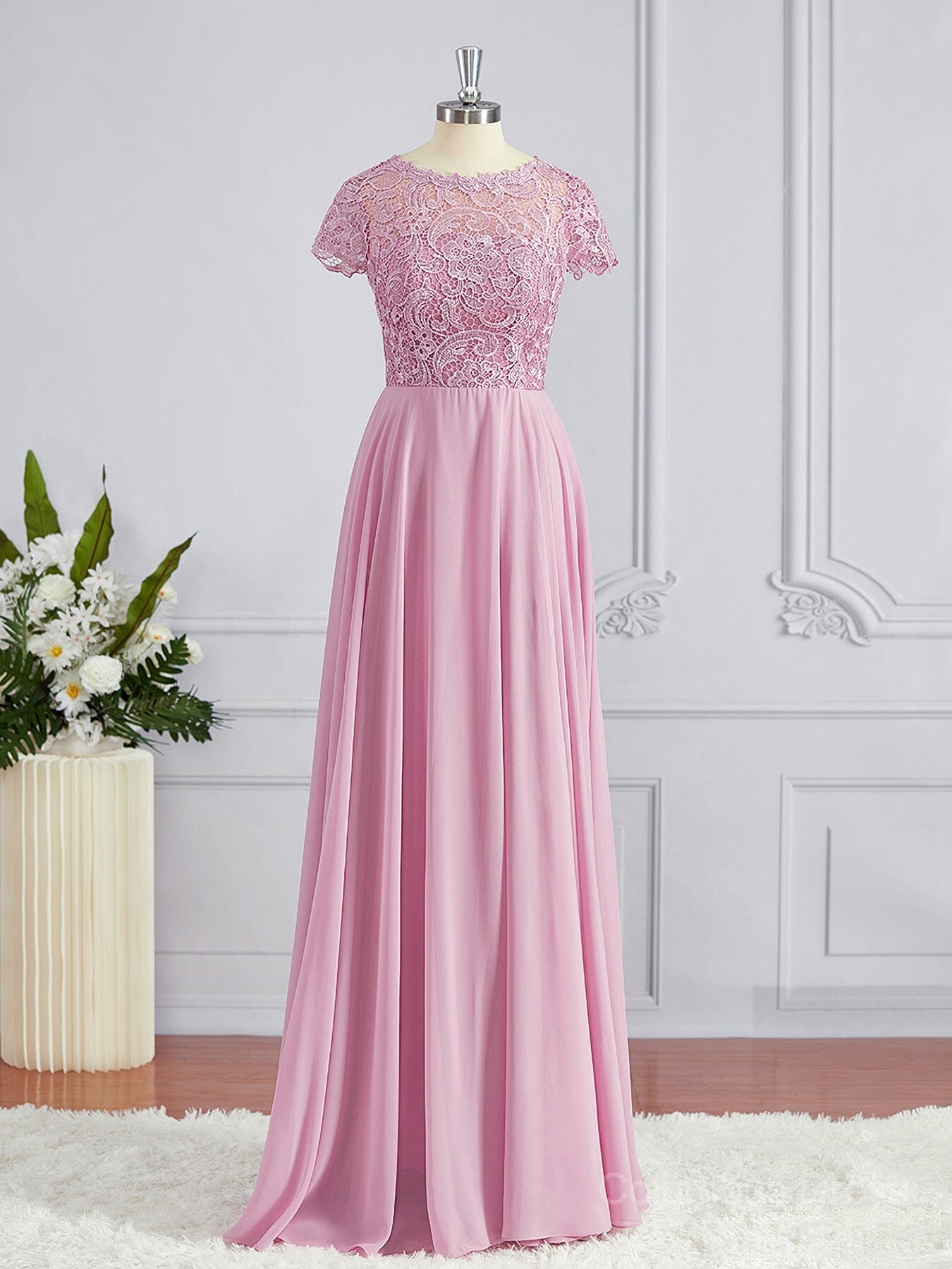 Prom Dresses Affordable, A-Line/Princess Scoop Floor-Length Chiffon Bridesmaid Dresses with Appliques Lace