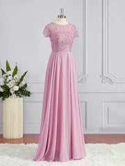 Prom Dress Vintage, A-Line/Princess Scoop Floor-Length Chiffon Bridesmaid Dresses with Appliques Lace