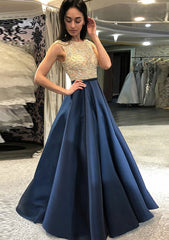 Wedding Guest, A-line/Princess Scoop Neck Sleeveless Long/Floor-Length Satin Prom Dress With Beading