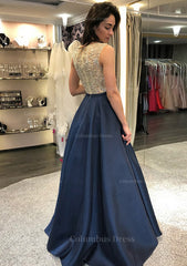 Sequin Dress, A-line/Princess Scoop Neck Sleeveless Long/Floor-Length Satin Prom Dress With Beading