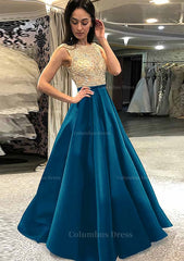 Wedding Pictures, A-line/Princess Scoop Neck Sleeveless Long/Floor-Length Satin Prom Dress With Beading
