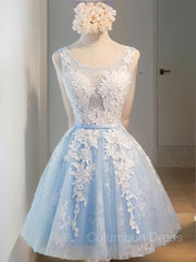 Prom Dress Patterns, A-Line/Princess Scoop Short/Mini Tulle Homecoming Dresses With Appliques Lace