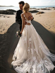 Wedding Dresses Lace Romantic, A-Line/Princess Scoop Sweep Train Lace Wedding Dresses With Appliques Lace
