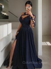 Formal Dresses Ball Gown, A-Line/Princess Scoop Sweep Train Satin Prom Dresses With Leg Slit