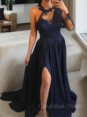 Formal Dresses Outfits, A-Line/Princess Scoop Sweep Train Satin Prom Dresses With Leg Slit