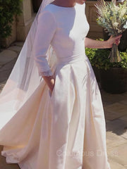 Wedding Dress Styled, A-Line/Princess Scoop Sweep Train Stretch Crepe Wedding Dresses With Ruffles