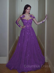 Prom Dress With Shorts, A-Line/Princess Scoop Sweep Train Tulle Prom Dresses With Appliques Lace