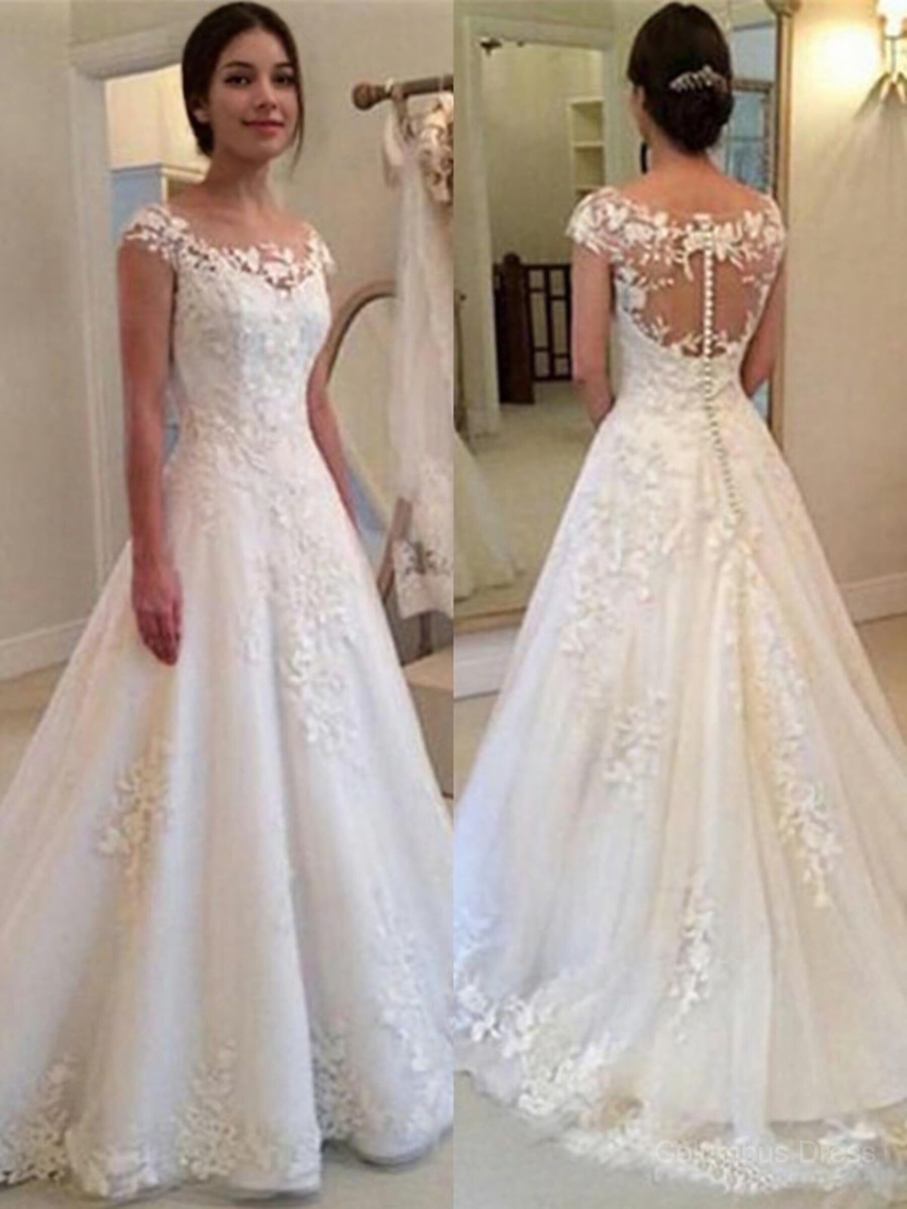 Wedding Dresses Classis, A-Line/Princess Scoop Sweep Train Tulle Wedding Dresses With Appliques Lace