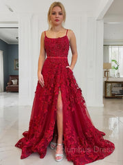 Flowy Dress, A-Line/Princess Spaghetti Straps Court Train Tulle Prom Dresses With Leg Slit