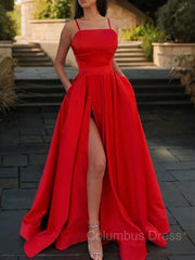 Formal Dresses For Woman, A-Line/Princess Spaghetti Straps Floor-Length Satin Prom Dresses With Leg Slit
